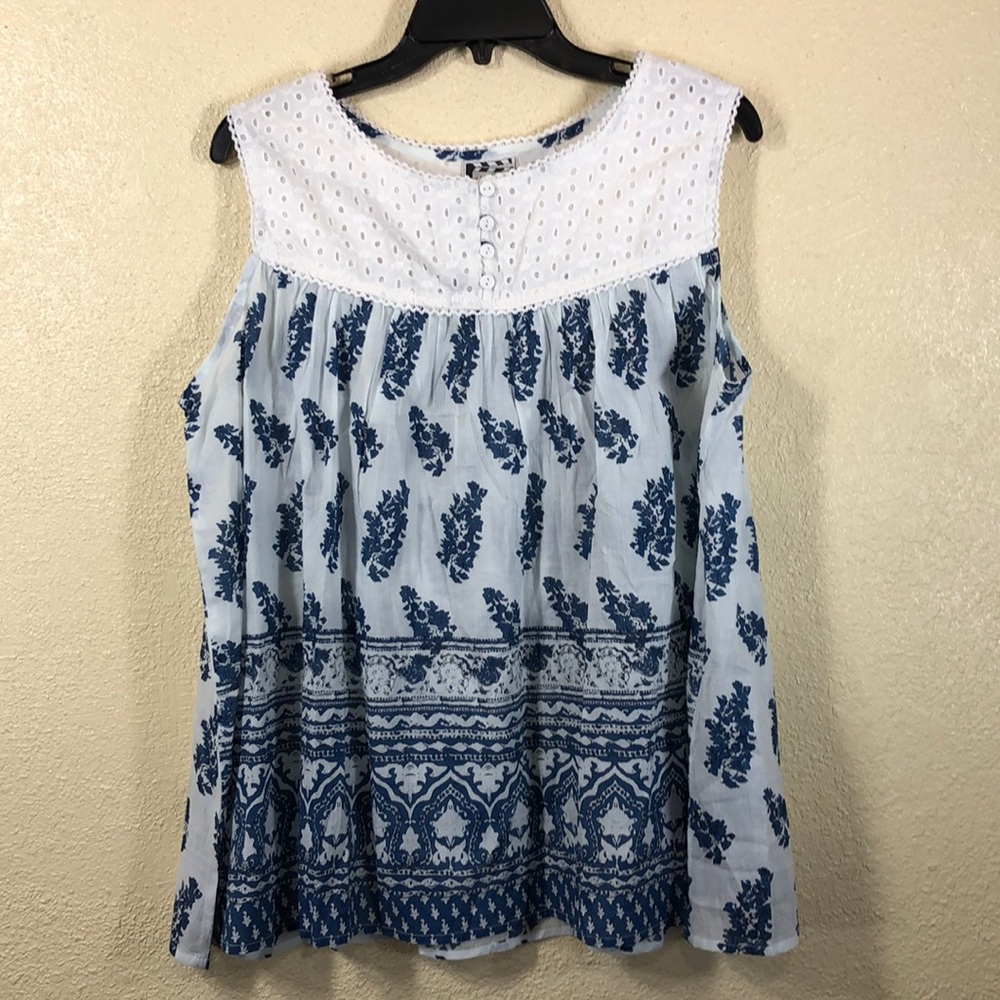 White Blue Top Blouse Size L Take Two Clothing Co Sleeveless Cotton